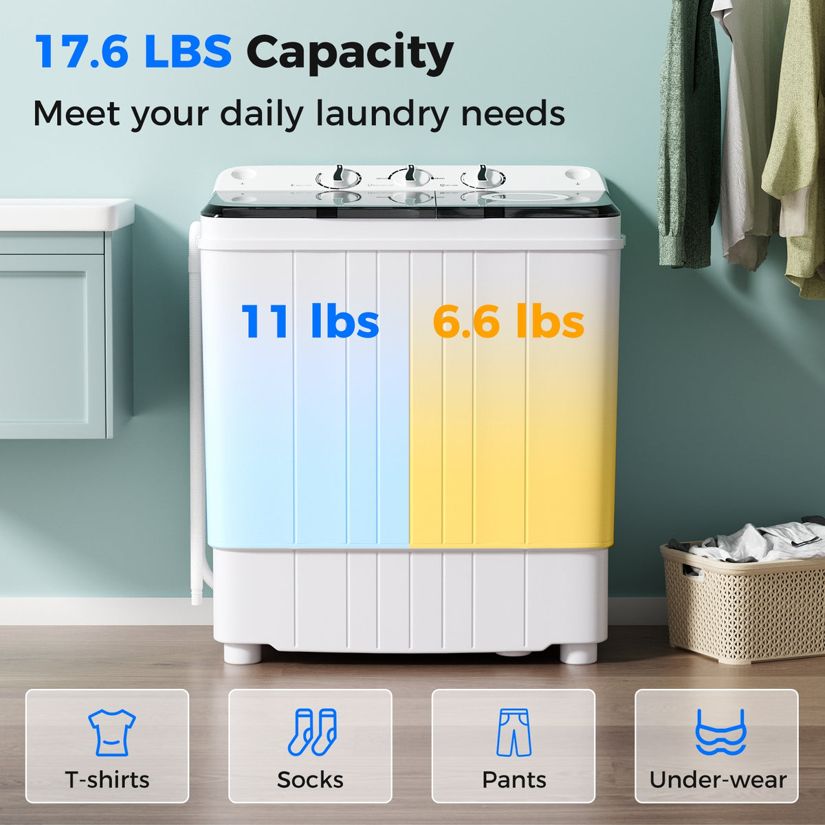 17.6 lbs Portable Washing Machine with Drain Pump-Black-Washing Machines-DECOROLALA