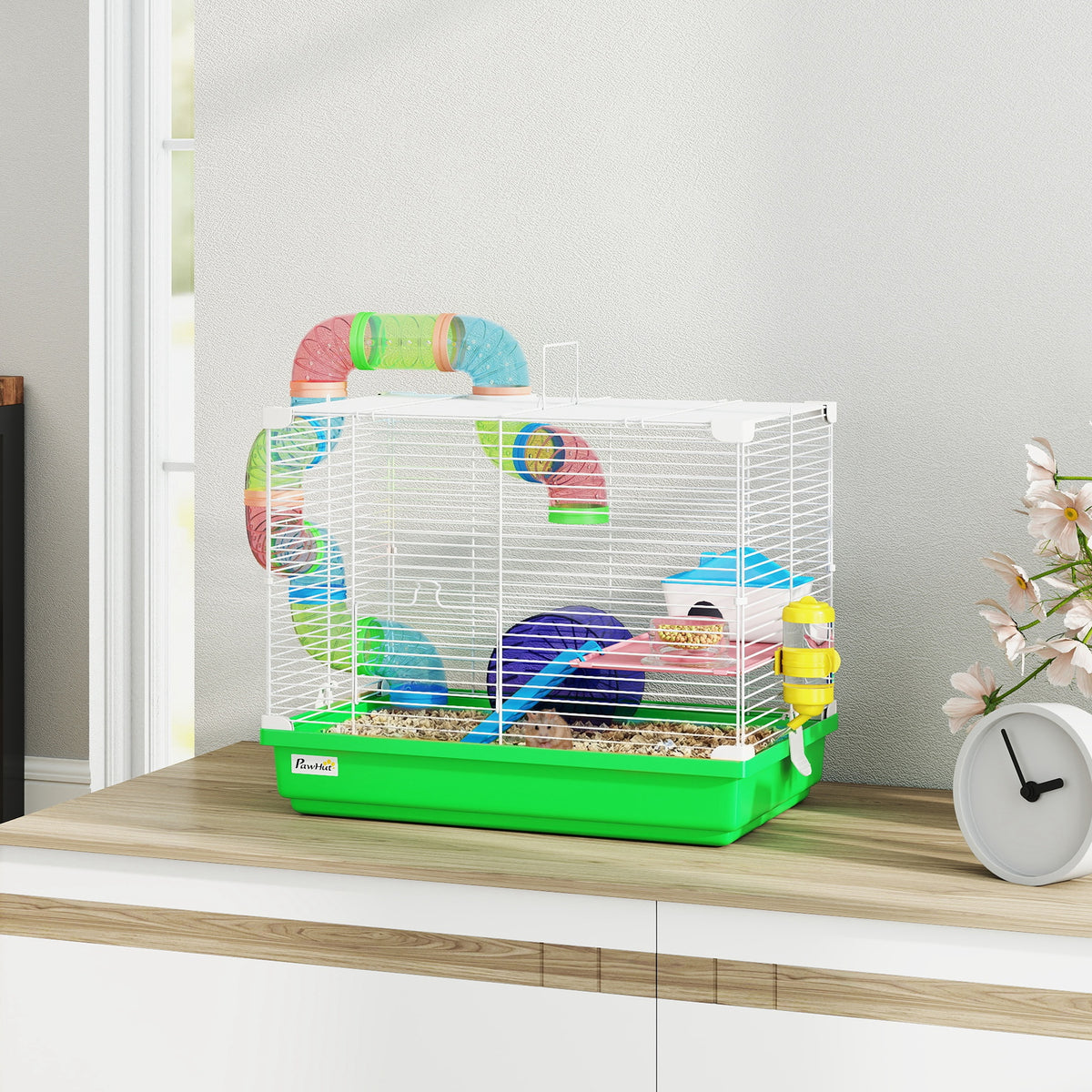 18" 2-Level Hamster Cage with Tunnel & Exercise Wheel - Green-Small Animal Supplies-DECOROLALA