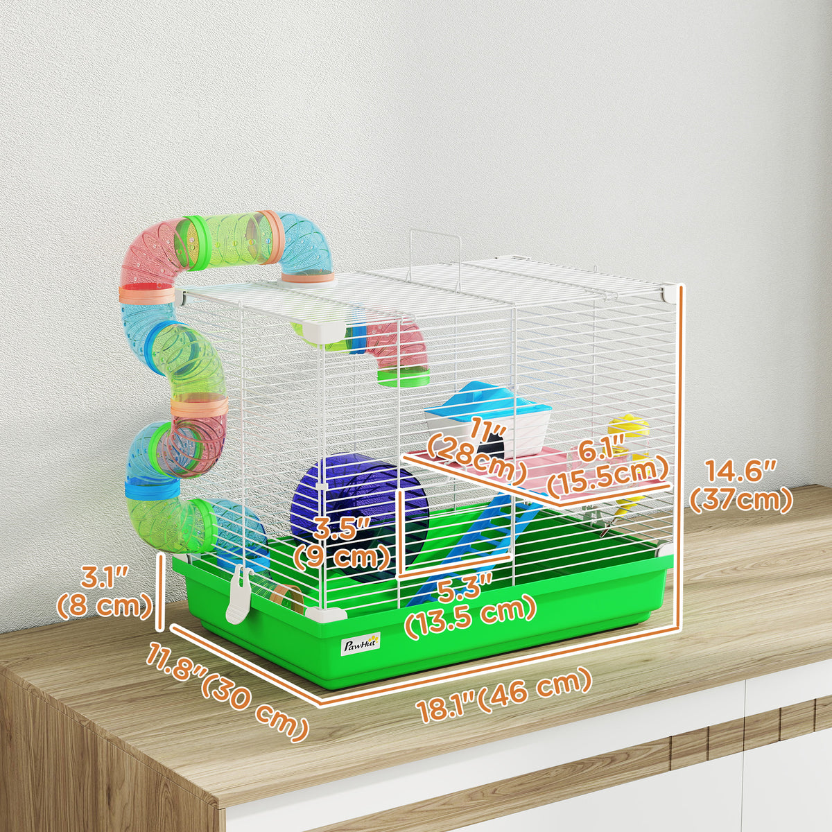18" 2-Level Hamster Cage with Tunnel & Exercise Wheel - Green-Small Animals-DECOROLALA
