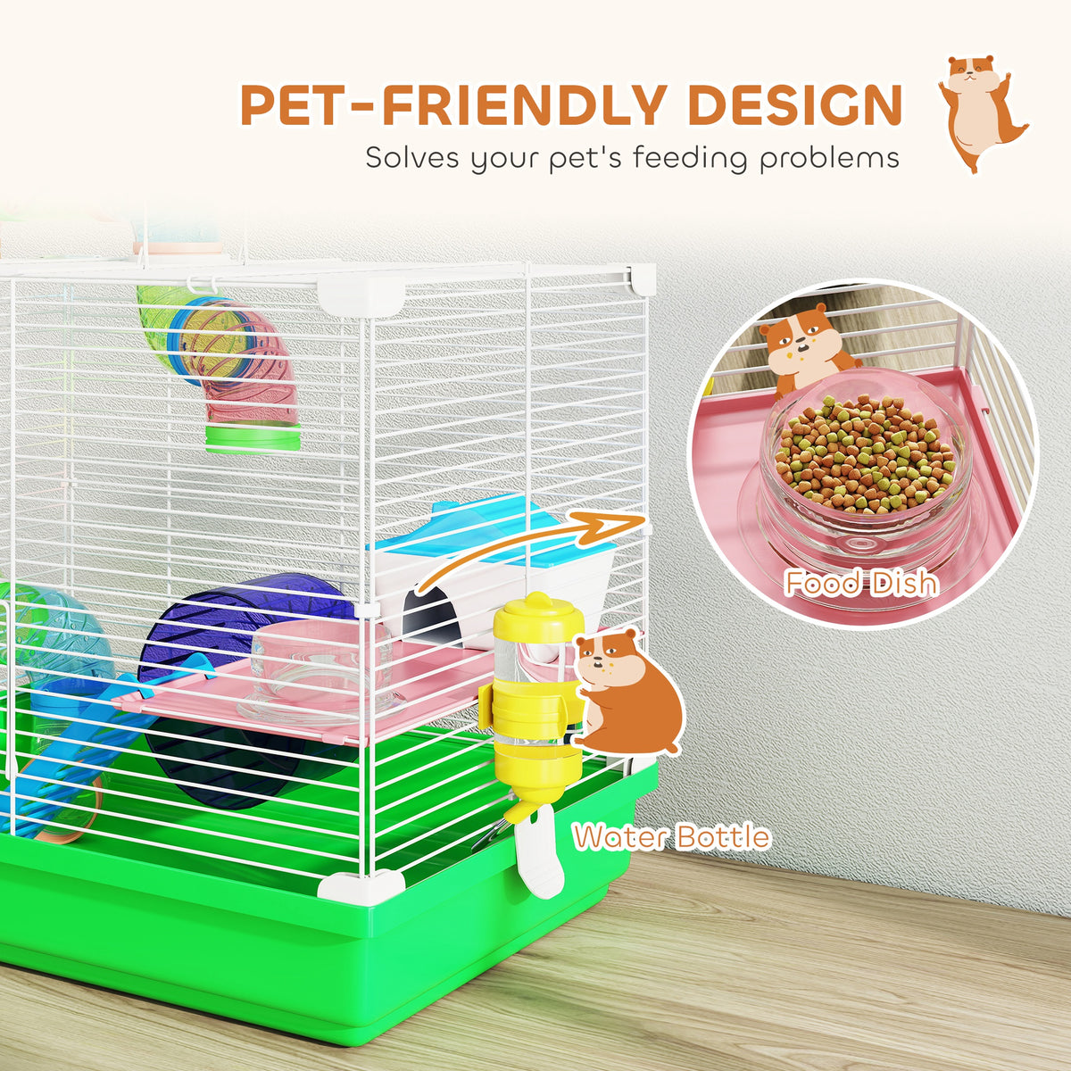 18" 2-Level Hamster Cage with Tunnel & Exercise Wheel - Green-Small Animals-DECOROLALA