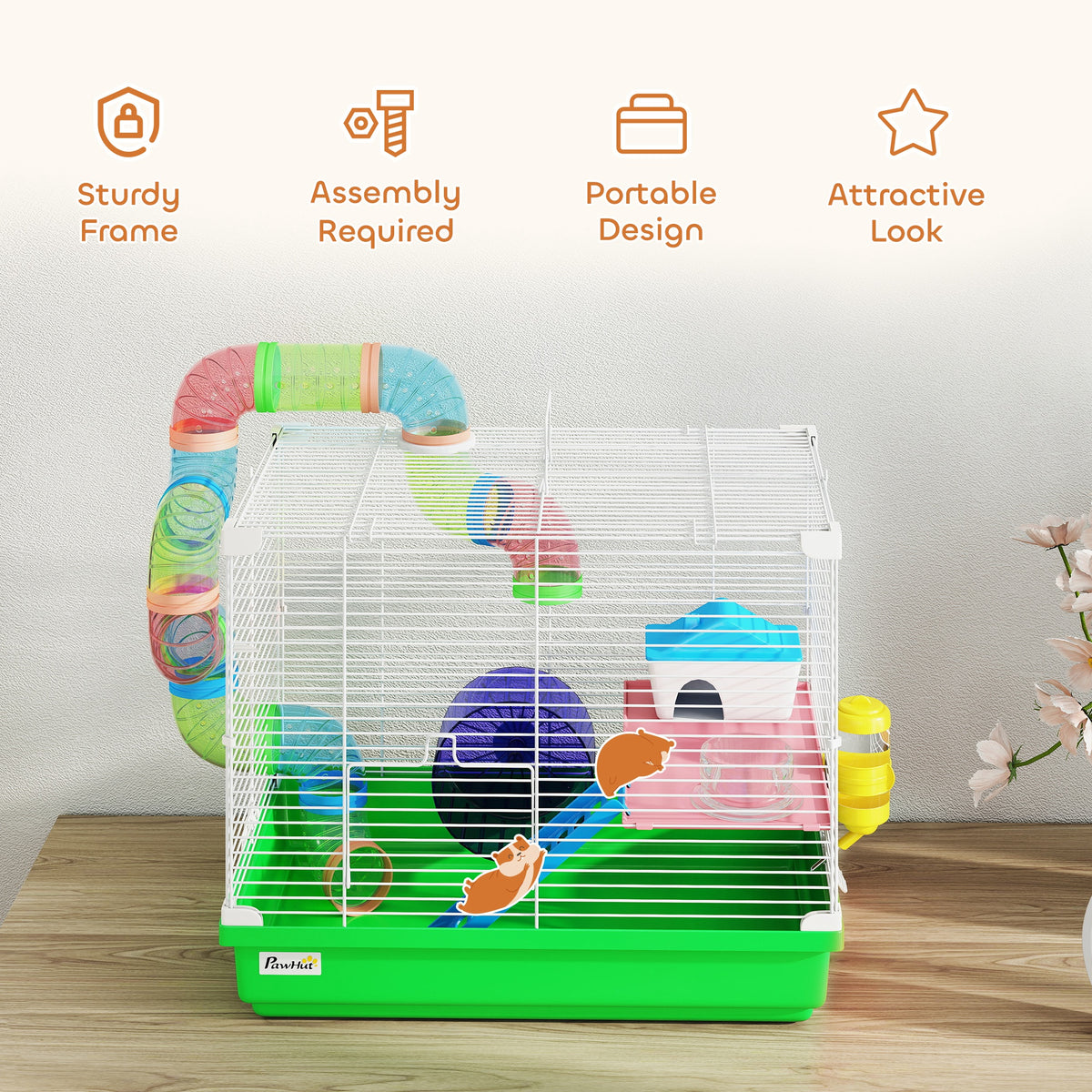 18" 2-Level Hamster Cage with Tunnel & Exercise Wheel - Green-Small Animals-DECOROLALA