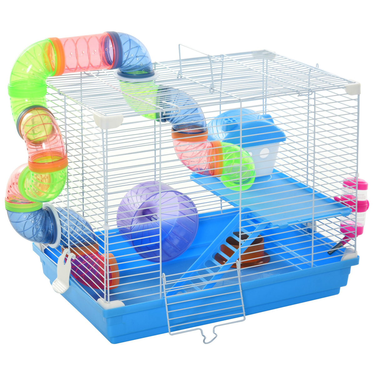 18" 2-Level Hamster Cage with Tunnel and Exercise Wheel - Blue-Small Animal Supplies-DECOROLALA