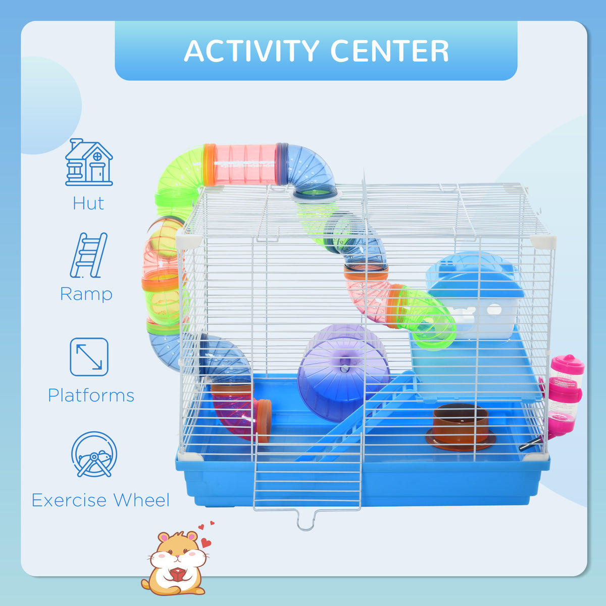 18" 2-Level Hamster Cage with Tunnel and Exercise Wheel - Blue-Small Animals-DECOROLALA