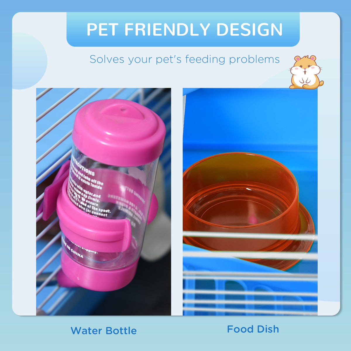 18" 2-Level Hamster Cage with Tunnel and Exercise Wheel - Blue-Small Animals-DECOROLALA