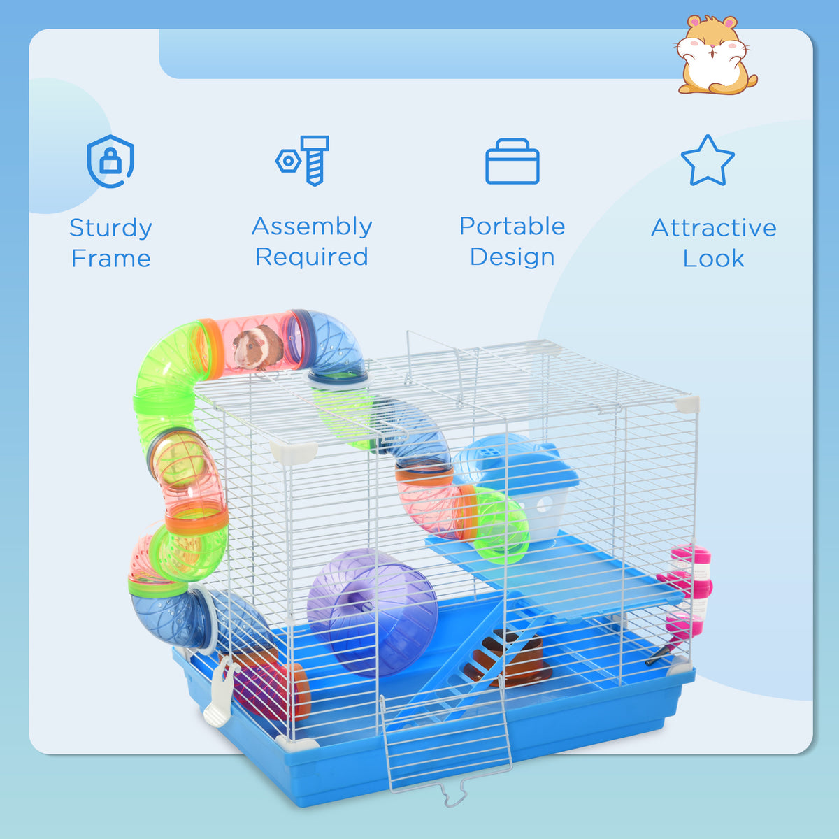 18" 2-Level Hamster Cage with Tunnel and Exercise Wheel - Blue-Small Animals-DECOROLALA