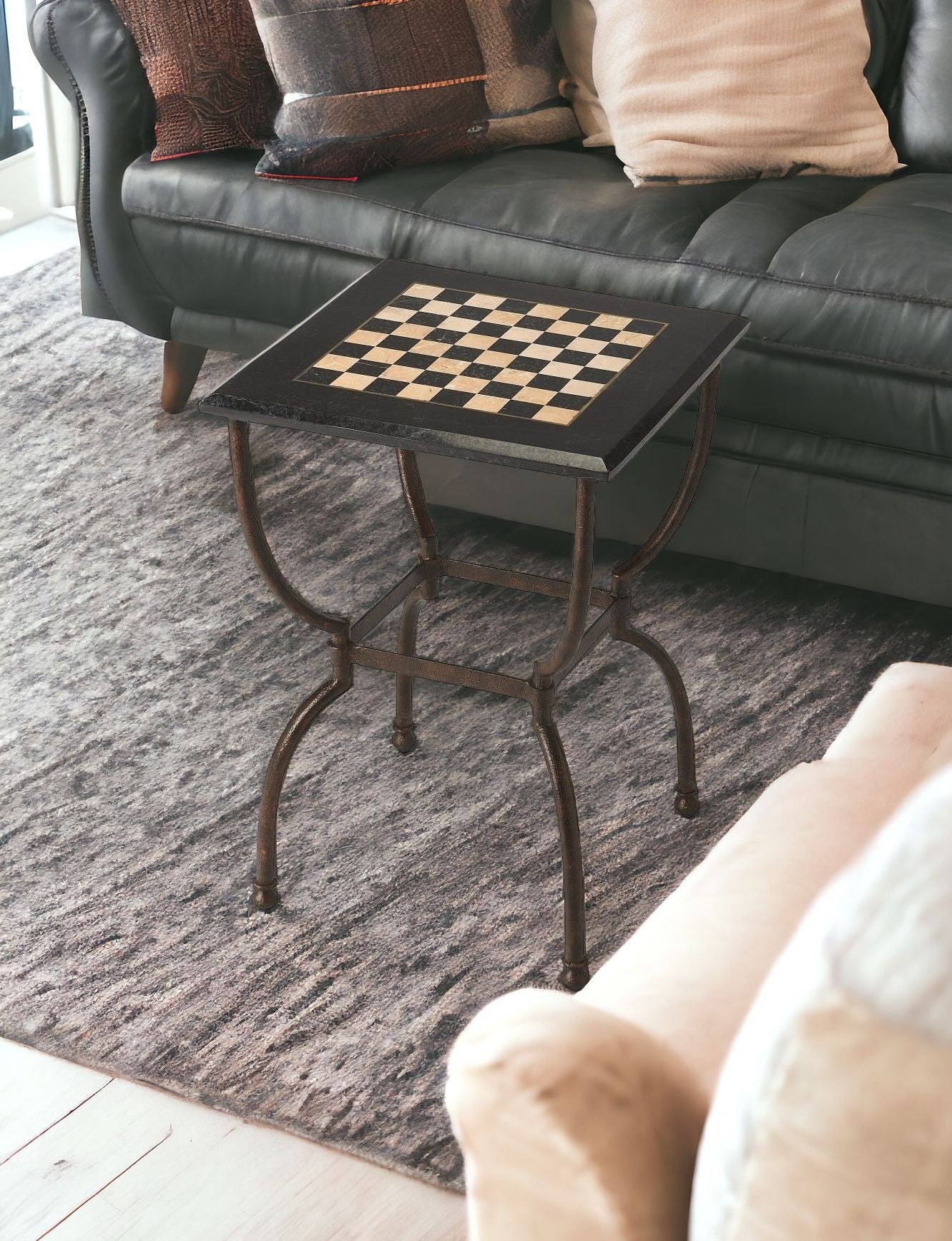 18" Black Stone and Metal Square Coffee Table-Coffee Tables-DECOROLALA