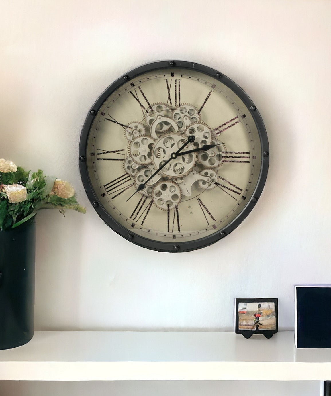 18" Black and Ivory Vintage Gear Industrial Wall Clock-Wall Clocks-DECOROLALA