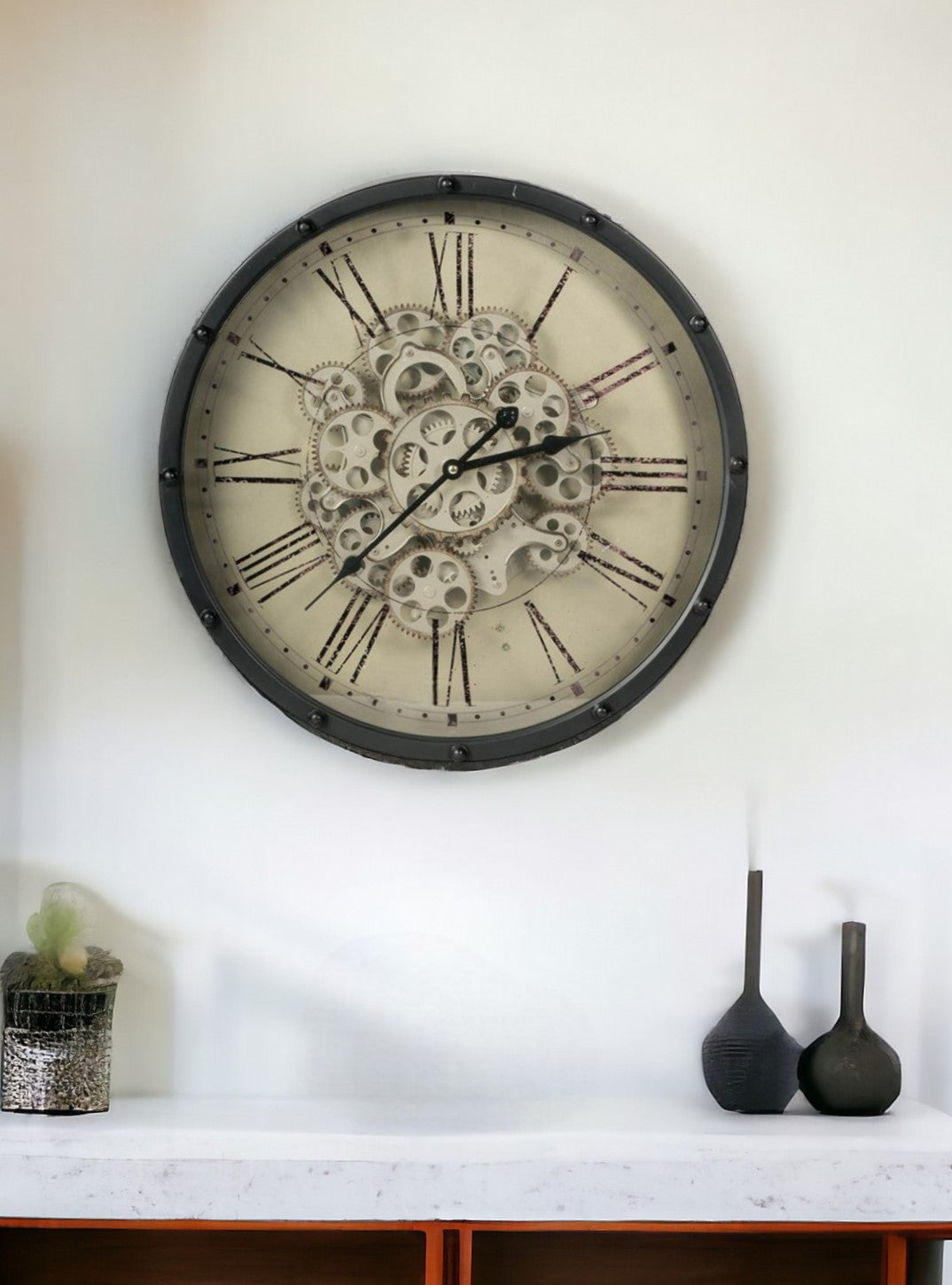 18" Black and Ivory Vintage Gear Industrial Wall Clock-Wall Clocks-DECOROLALA