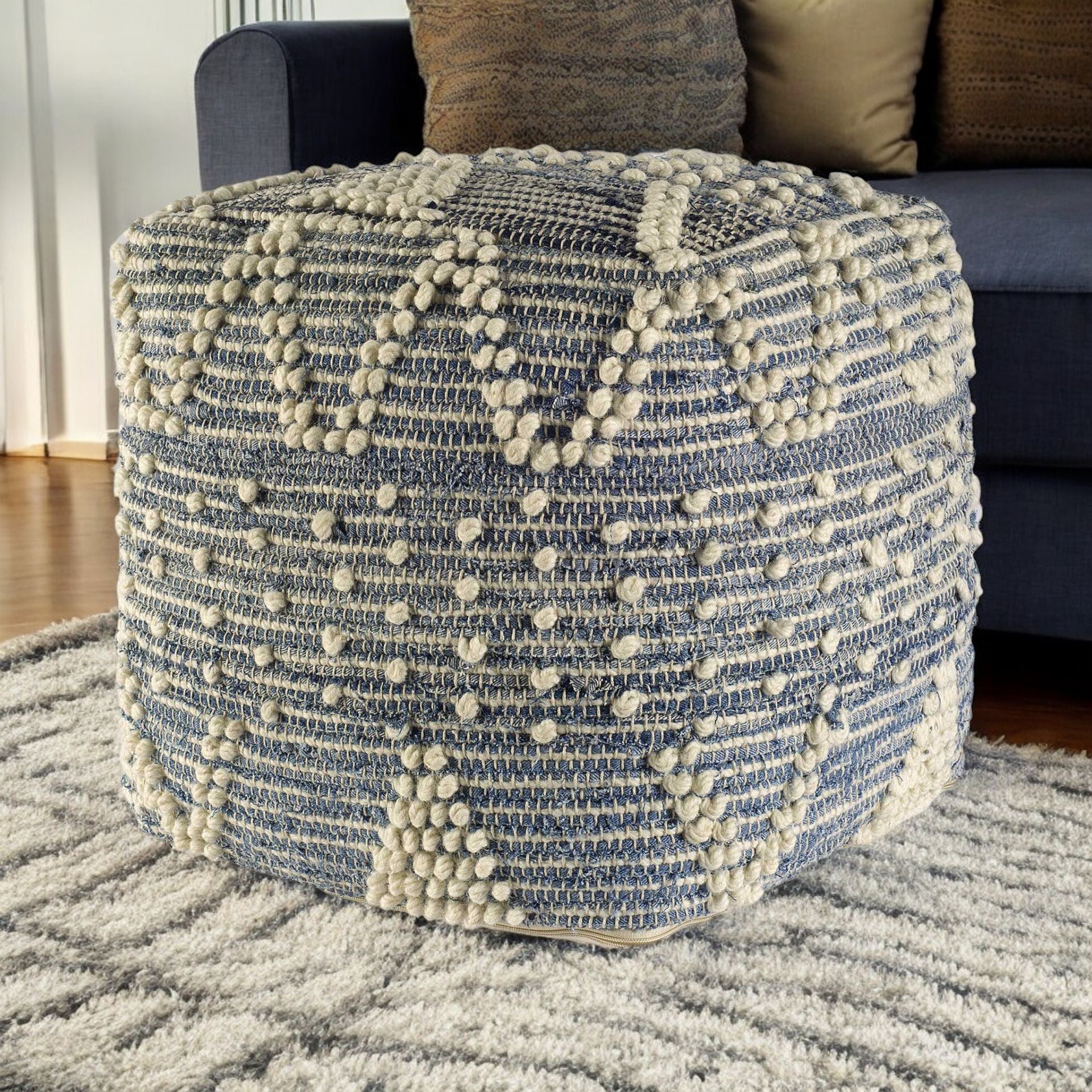 18" Blue Geometric Pouf Ottoman-Ottomans-DECOROLALA
