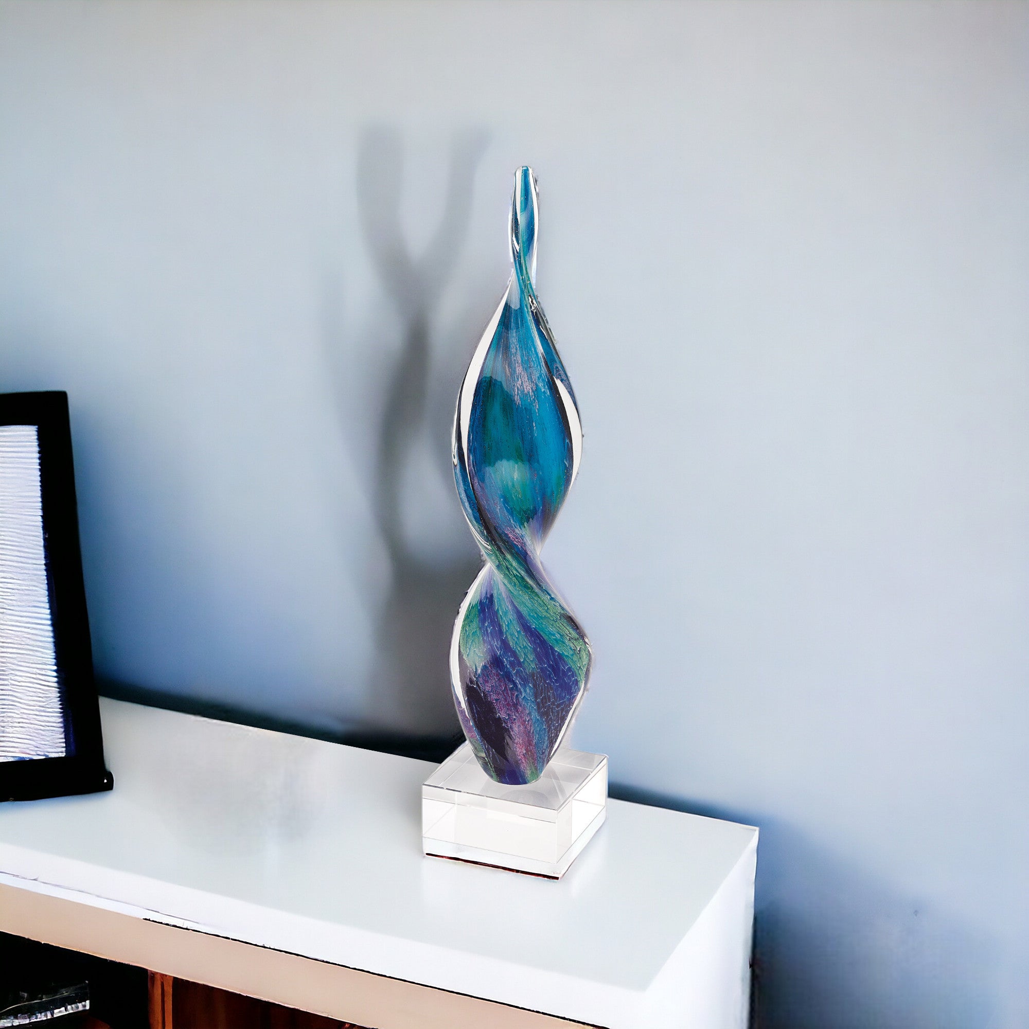 18" Blue and Green Murano Glass Modern Abstract Tabletop Sculpture-Sculptures-DECOROLALA