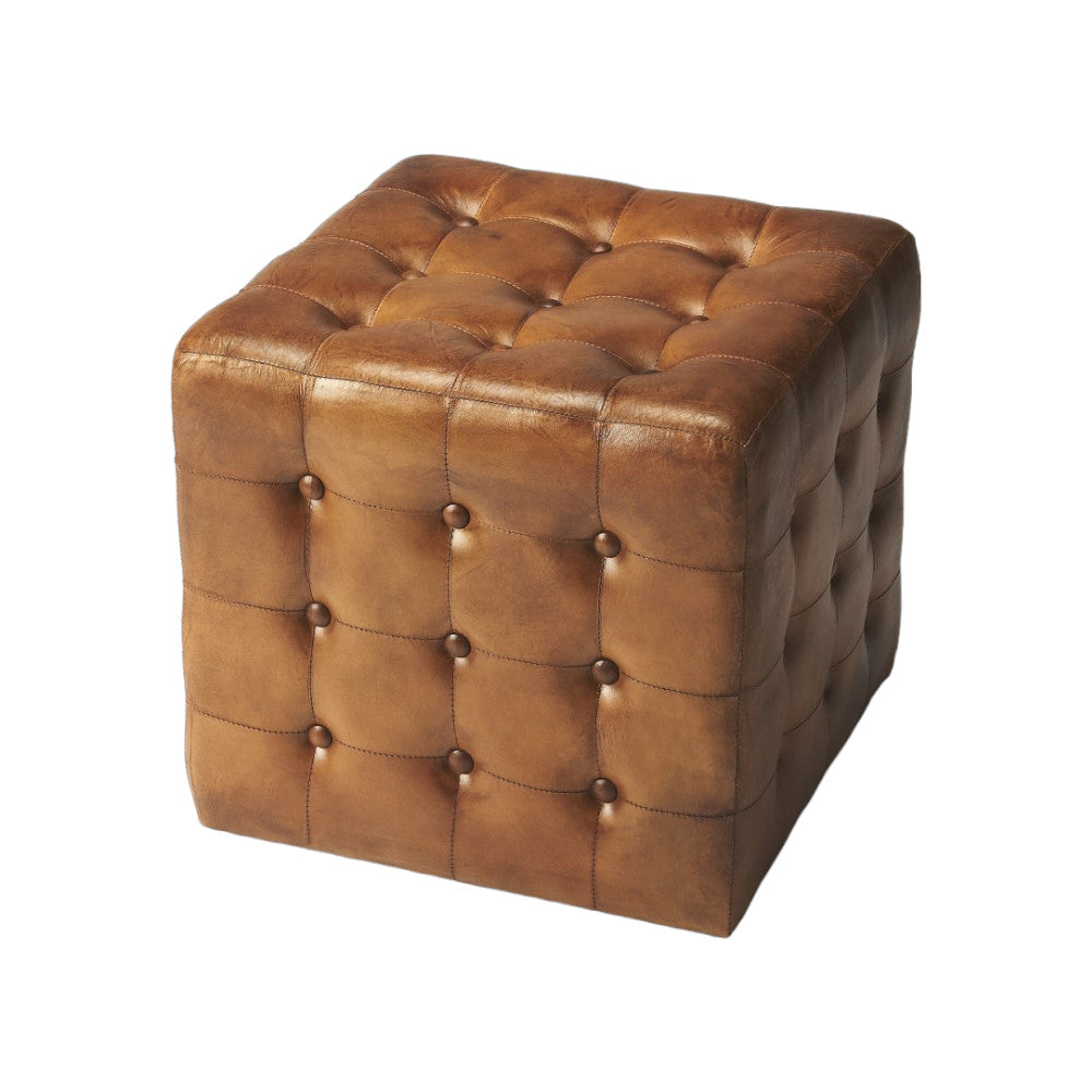18" Brown Tufted Leather Vintage Style Cube Ottoman-Ottomans-DECOROLALA