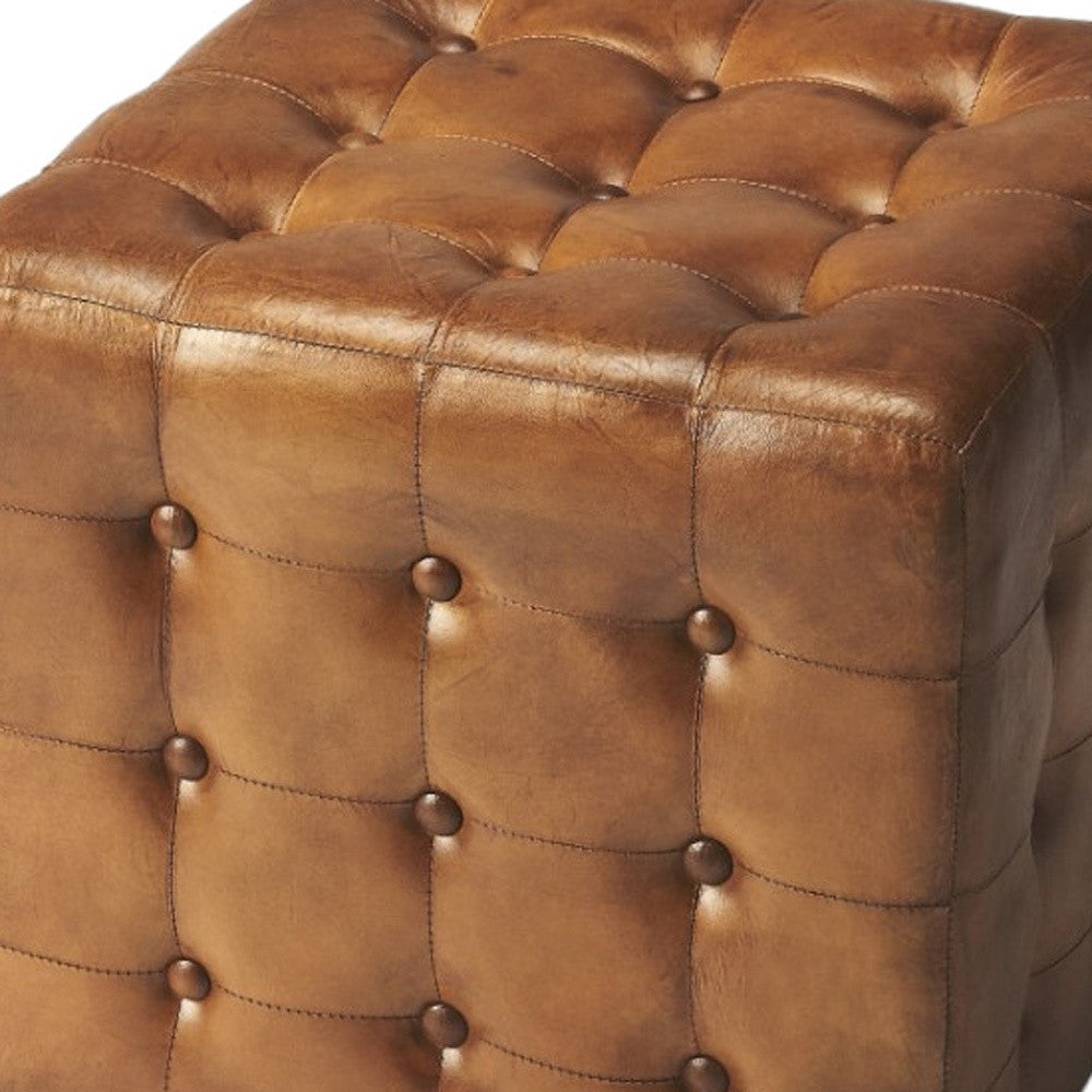 18" Brown Tufted Leather Vintage Style Cube Ottoman-Ottomans-DECOROLALA