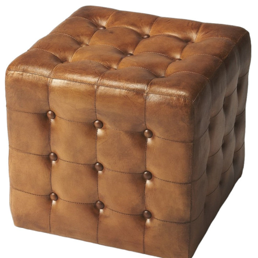 18" Brown Tufted Leather Vintage Style Cube Ottoman-Ottomans-DECOROLALA