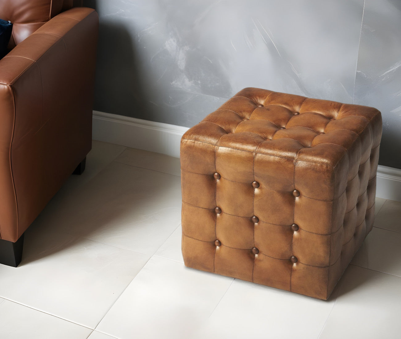 18" Brown Tufted Leather Vintage Style Cube Ottoman-Ottomans-DECOROLALA