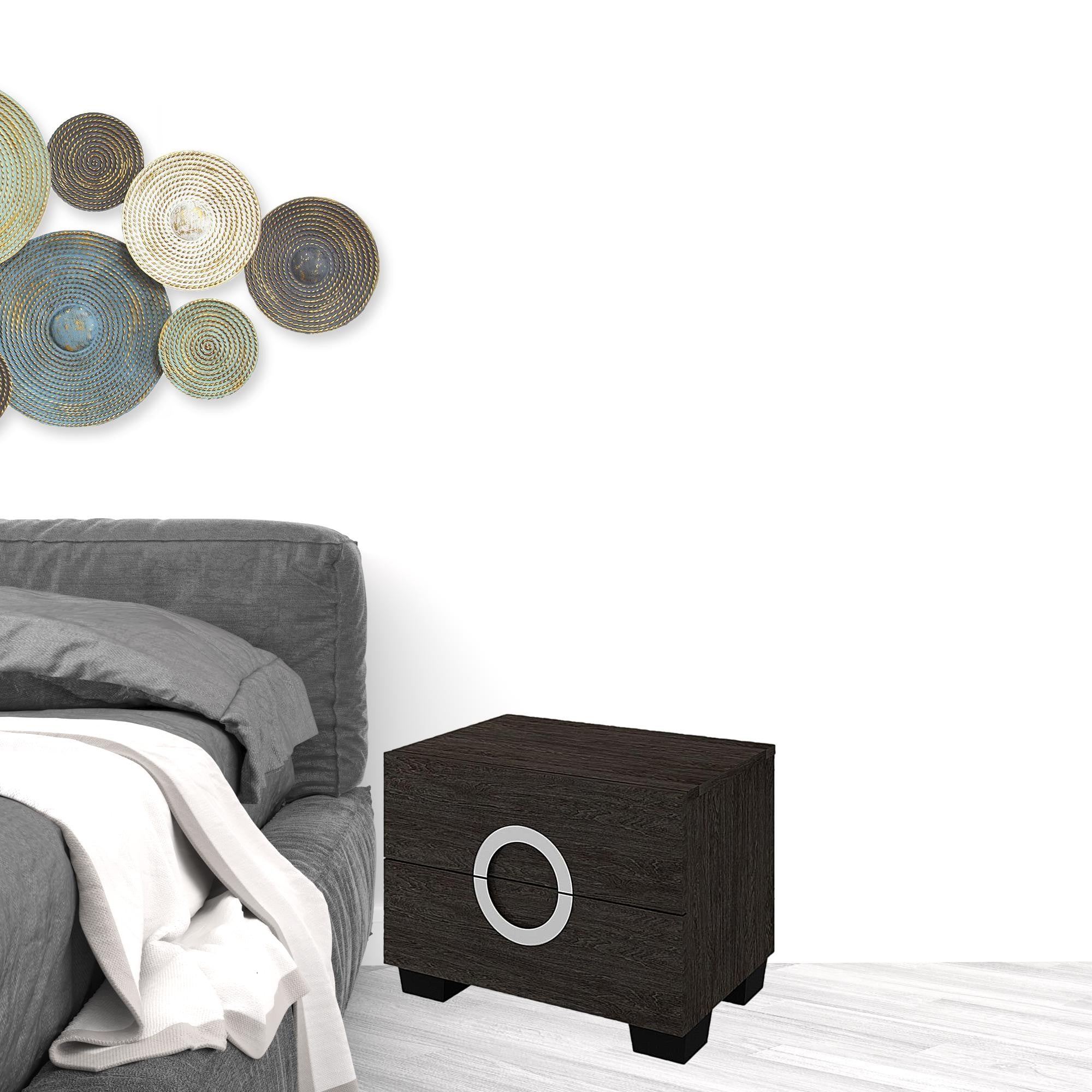 18" Dark Brown Two Drawers Manufactured Wood Mirrored Nightstand-Nightstands & Bedside Tables-DECOROLALA