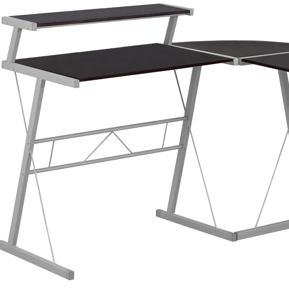 18" Dark Brown and Silver L Shape Computer Desk-Desks-DECOROLALA