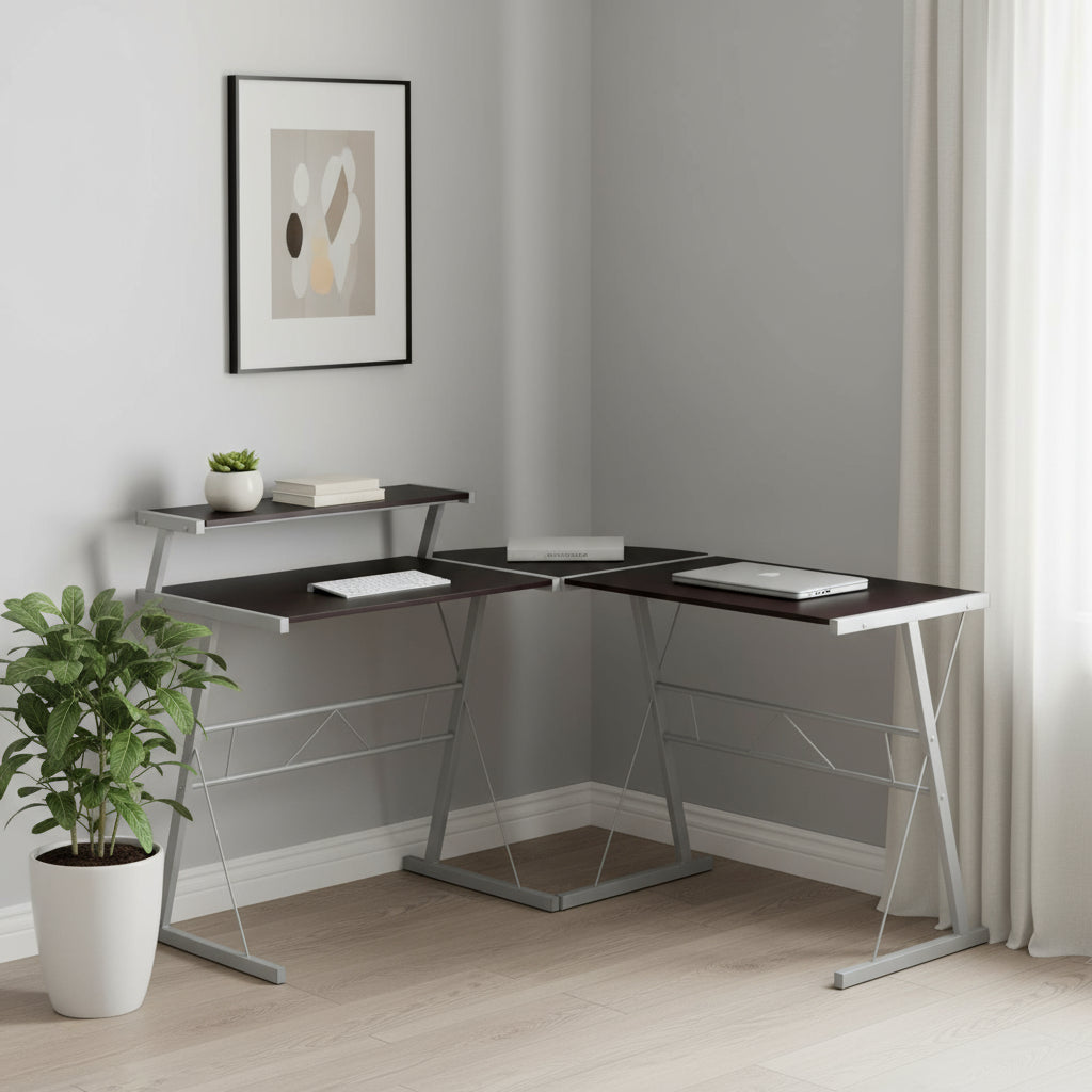 18" Dark Brown and Silver L Shape Computer Desk-Desks-DECOROLALA