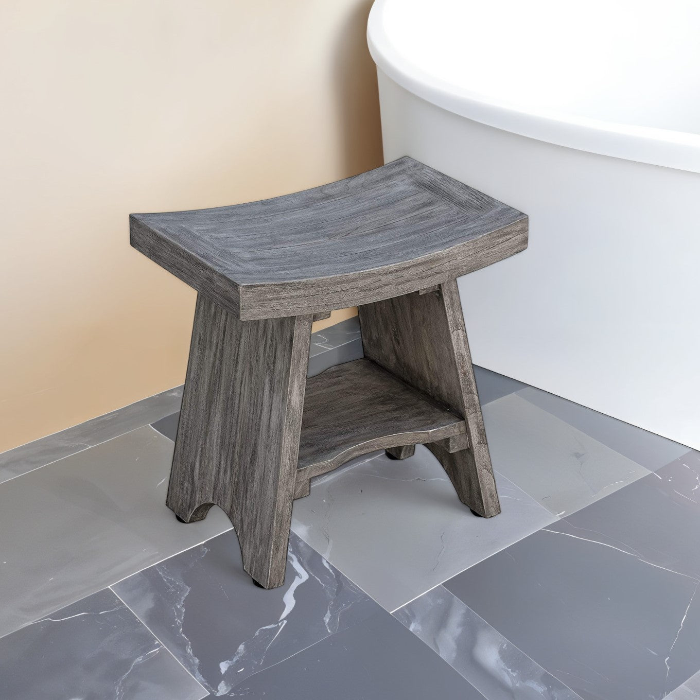 18" Gray Solid Wood Rectangular Shower Bench With Shelf-Shower Benches-DECOROLALA