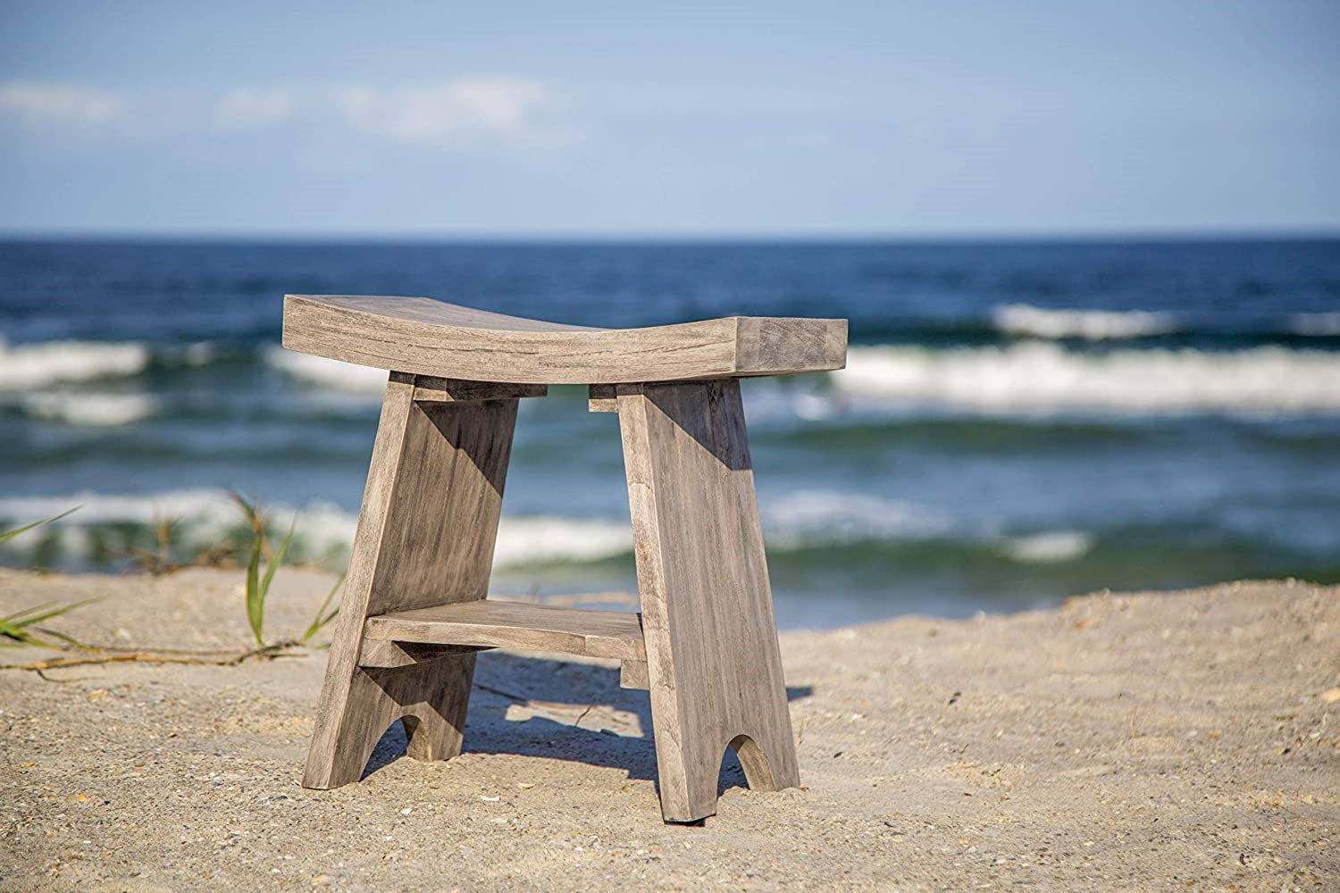 18" Gray Solid Wood Rectangular Shower Bench With Shelf-Shower Benches-DECOROLALA