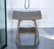 18" Gray Solid Wood Rectangular Shower Bench With Shelf-Shower Benches-DECOROLALA