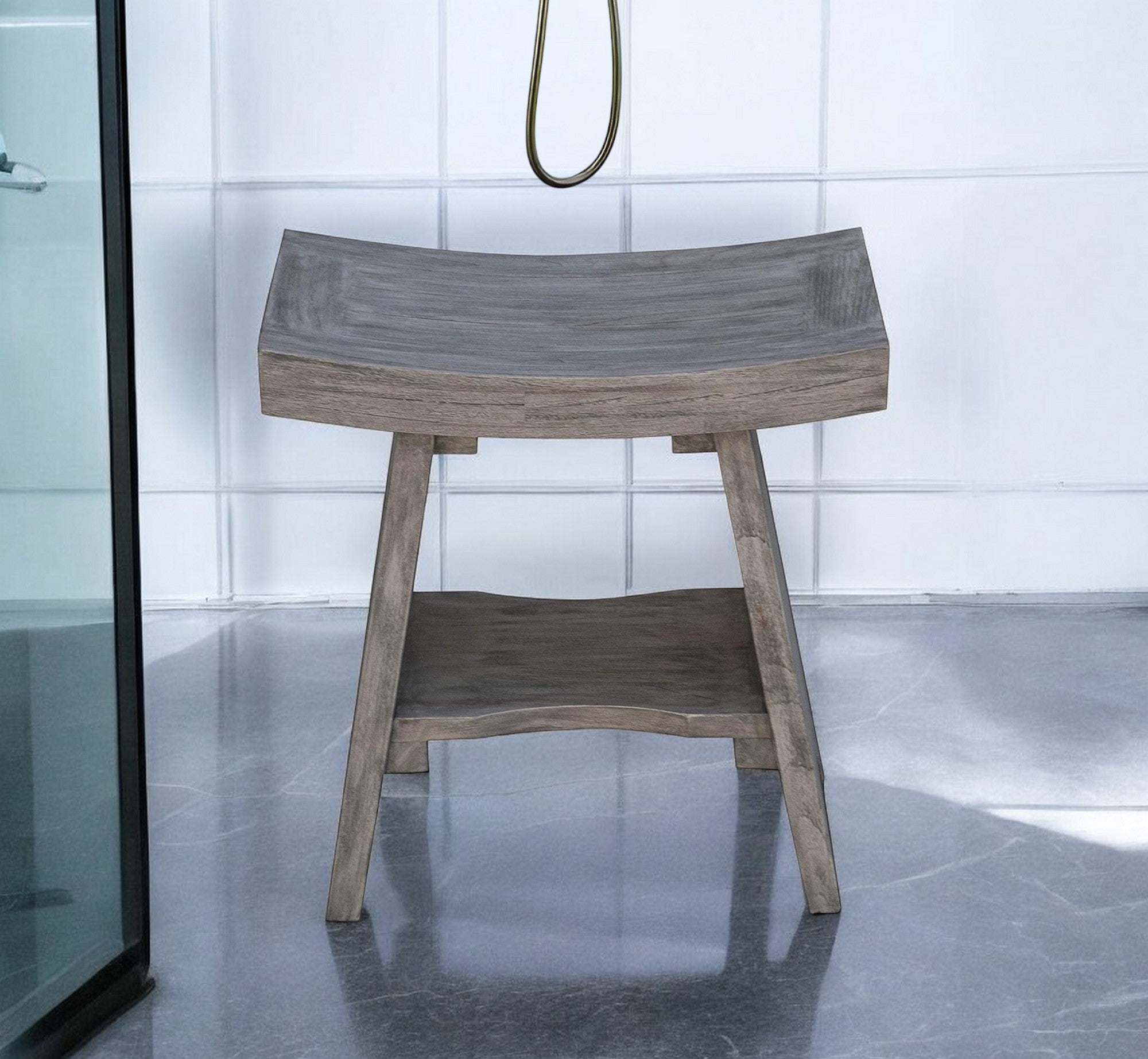 18" Gray Solid Wood Rectangular Shower Bench With Shelf-Shower Benches-DECOROLALA