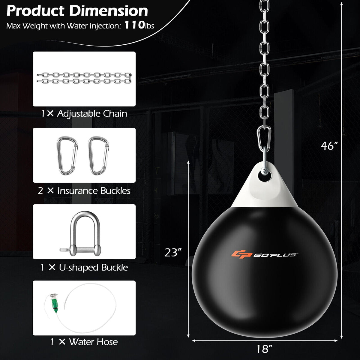 18 Inch 110 Pound Heavy Punching Water Aqua Bag with Adjustable Metal Chain-Black-Boxing & Martial Arts-DECOROLALA