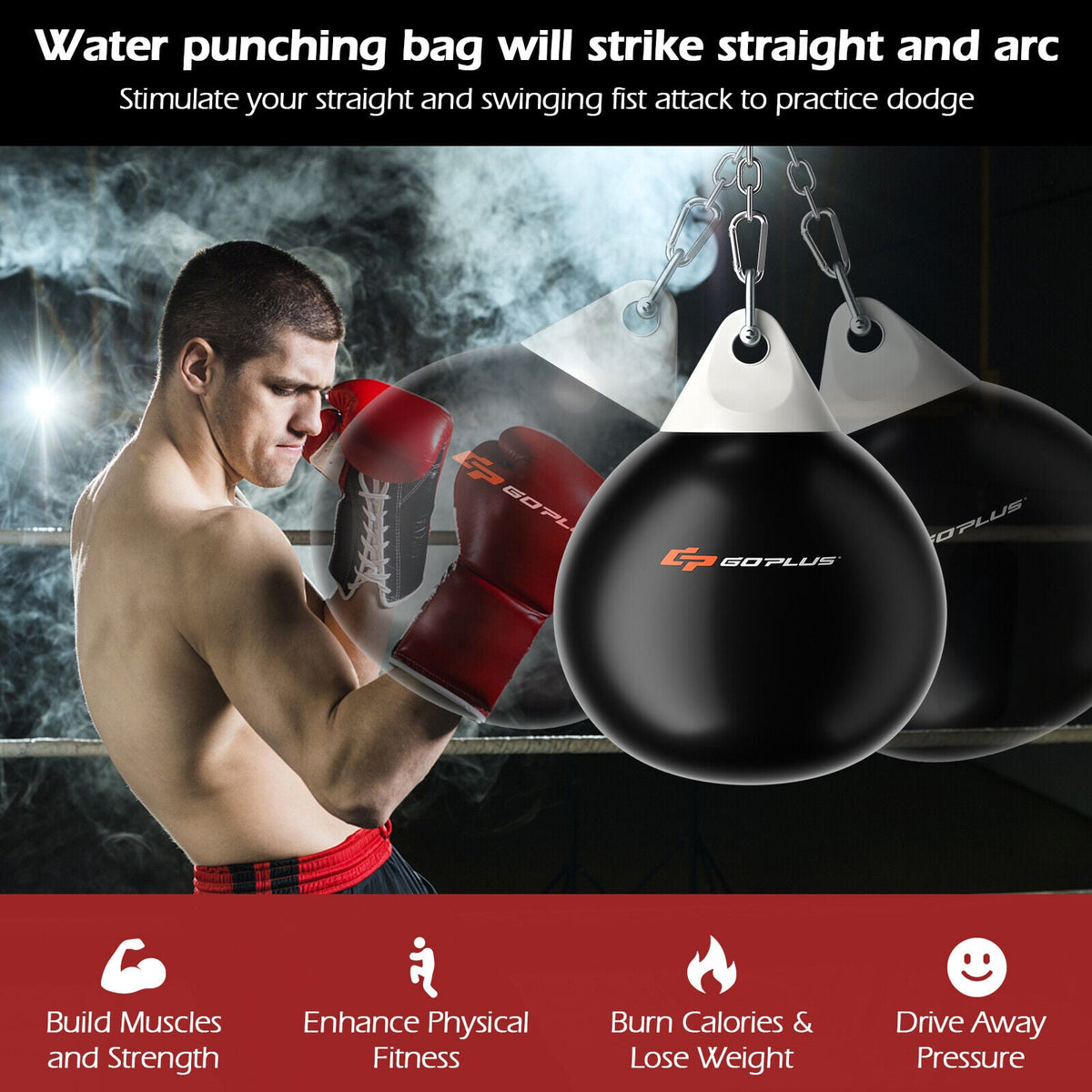18 Inch 110 Pound Heavy Punching Water Aqua Bag with Adjustable Metal Chain-Black-Boxing & Martial Arts-DECOROLALA
