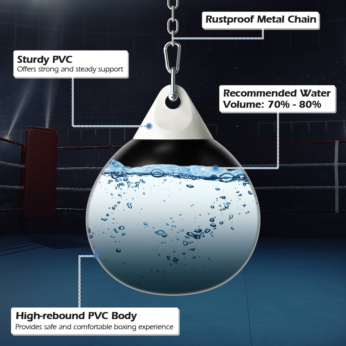 18 Inch 110 Pound Heavy Punching Water Aqua Bag with Adjustable Metal Chain-Black-Boxing & Martial Arts-DECOROLALA