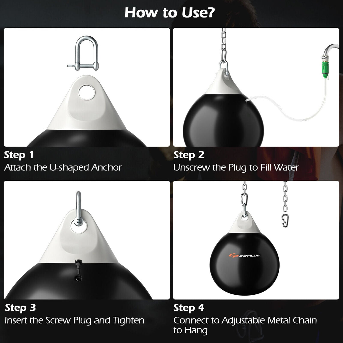 18 Inch 110 Pound Heavy Punching Water Aqua Bag with Adjustable Metal Chain-Black-Boxing & Martial Arts-DECOROLALA