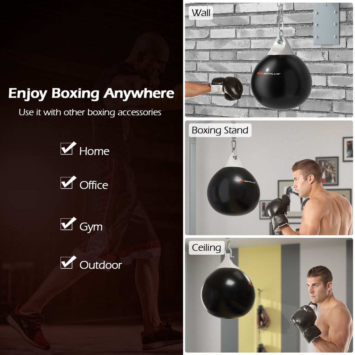 18 Inch 110 Pound Heavy Punching Water Aqua Bag with Adjustable Metal Chain-Black-Boxing & Martial Arts-DECOROLALA