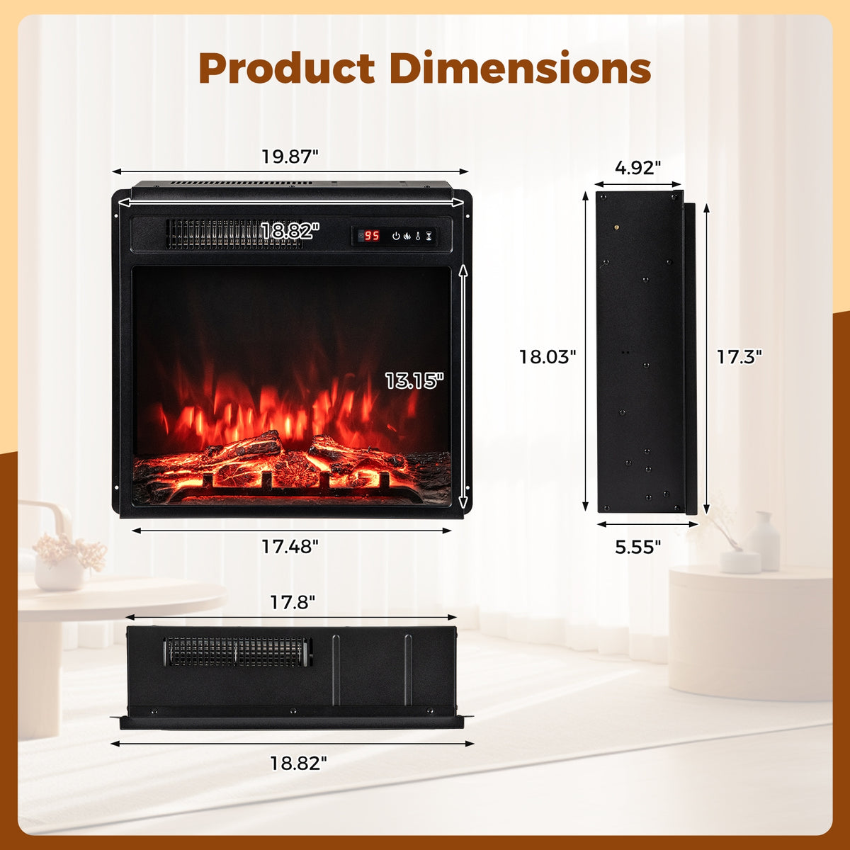 18 Inch 750W/1500W Electric Fireplace Insert with Remote Control and Adjustable Flame Colors-Fireplaces-DECOROLALA