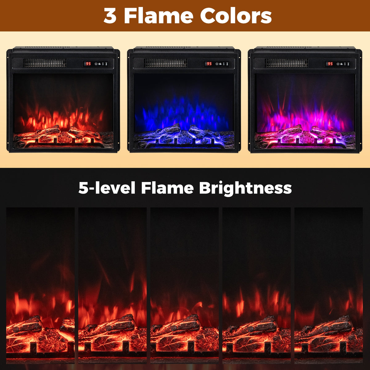 18 Inch 750W/1500W Electric Fireplace Insert with Remote Control and Adjustable Flame Colors-Fireplaces-DECOROLALA