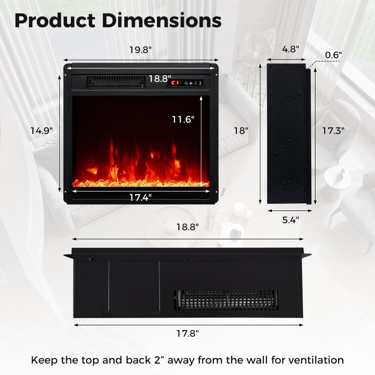 18 Inch Electric Fireplace Insert Fireplace Heater with Overheat Protection-Fireplaces-DECOROLALA