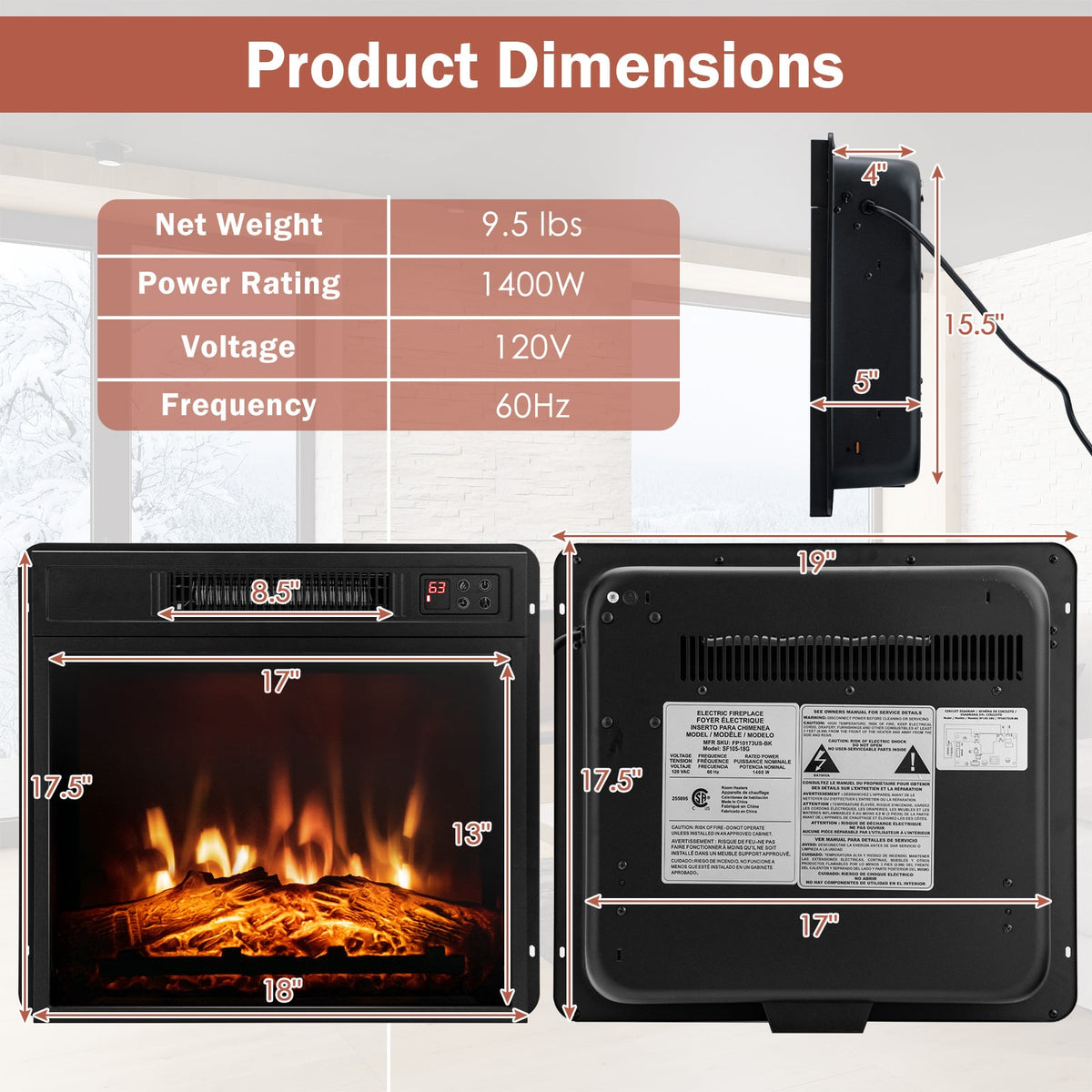 18 Inch Electric Fireplace Inserted with Adjustable LED Flame-Fireplaces-DECOROLALA