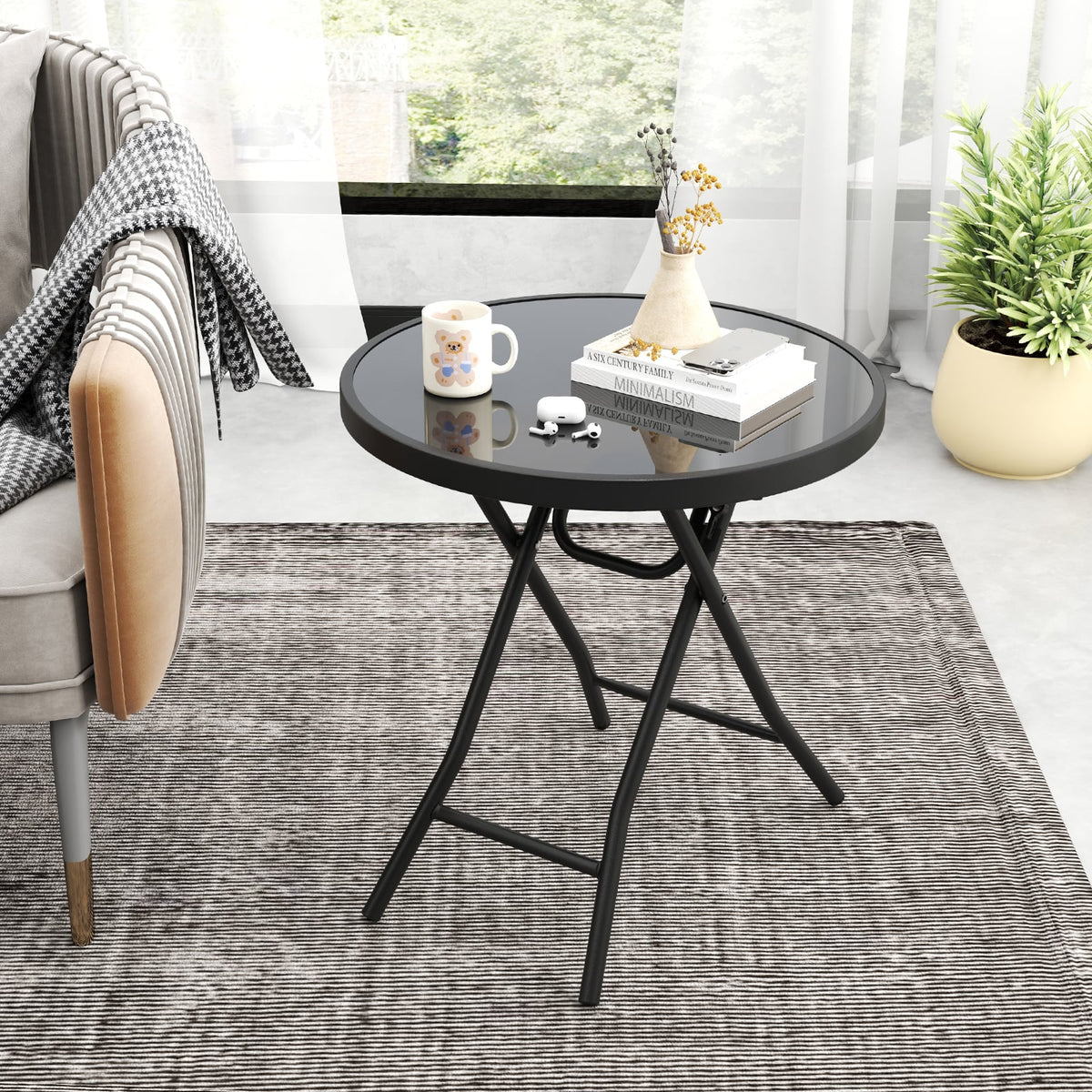 18 Inch Folding Side Table Patio Round Compact Coffee Table-Black-End & Side Tables-DECOROLALA