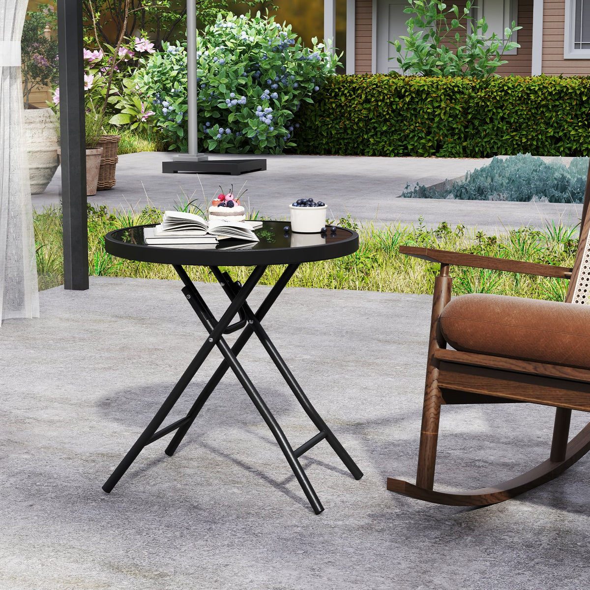 18 Inch Folding Side Table Patio Round Compact Coffee Table-Black-End & Side Tables-DECOROLALA