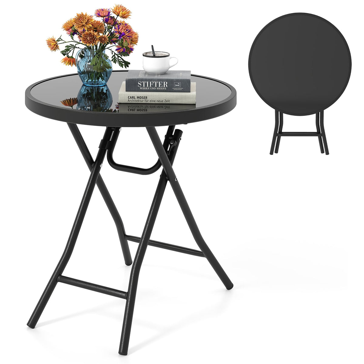 18 Inch Folding Side Table Patio Round Compact Coffee Table-Black-End & Side Tables-DECOROLALA
