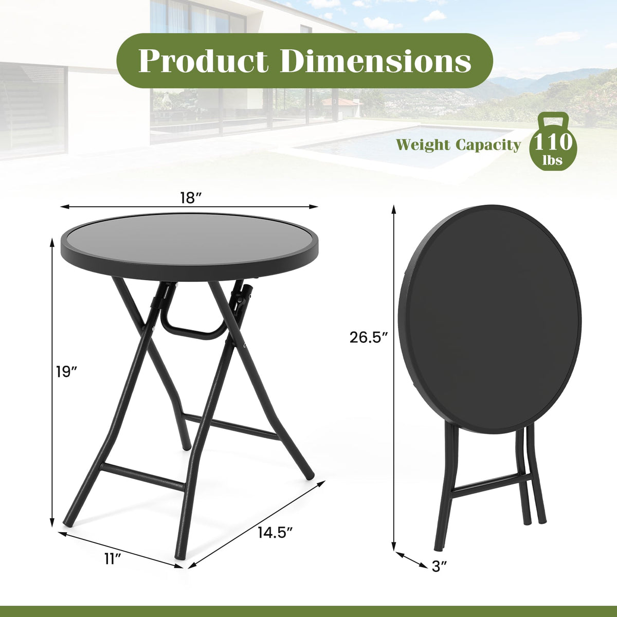 18 Inch Folding Side Table Patio Round Compact Coffee Table-Black-End & Side Tables-DECOROLALA