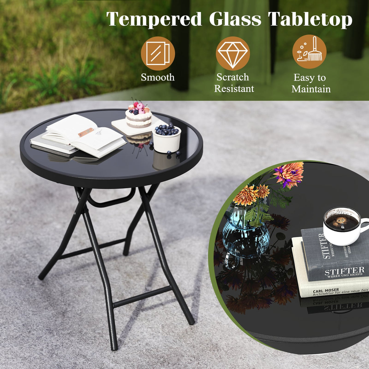 18 Inch Folding Side Table Patio Round Compact Coffee Table-Black-End & Side Tables-DECOROLALA