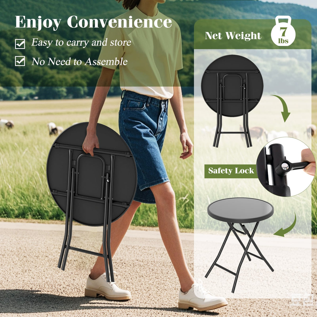 18 Inch Folding Side Table Patio Round Compact Coffee Table-Black-End & Side Tables-DECOROLALA