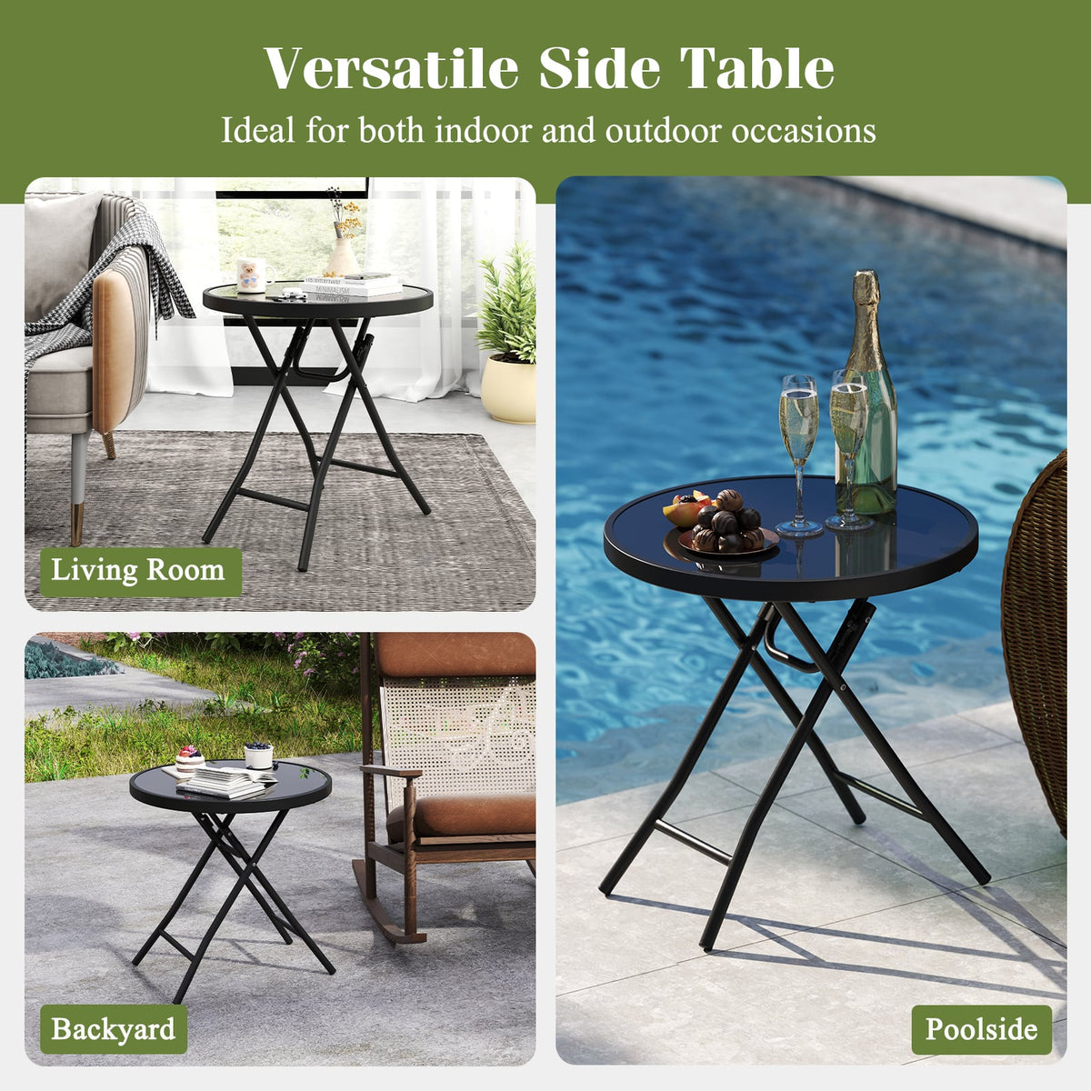 18 Inch Folding Side Table Patio Round Compact Coffee Table-Black-End & Side Tables-DECOROLALA