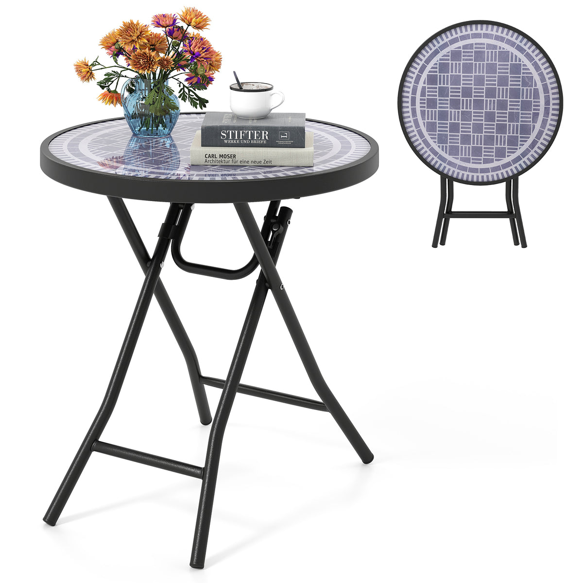 18 Inch Folding Side Table Patio Round Compact Coffee Table-Gray-End & Side Tables-DECOROLALA