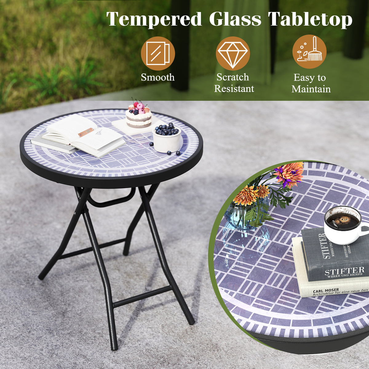 18 Inch Folding Side Table Patio Round Compact Coffee Table-Gray-End & Side Tables-DECOROLALA