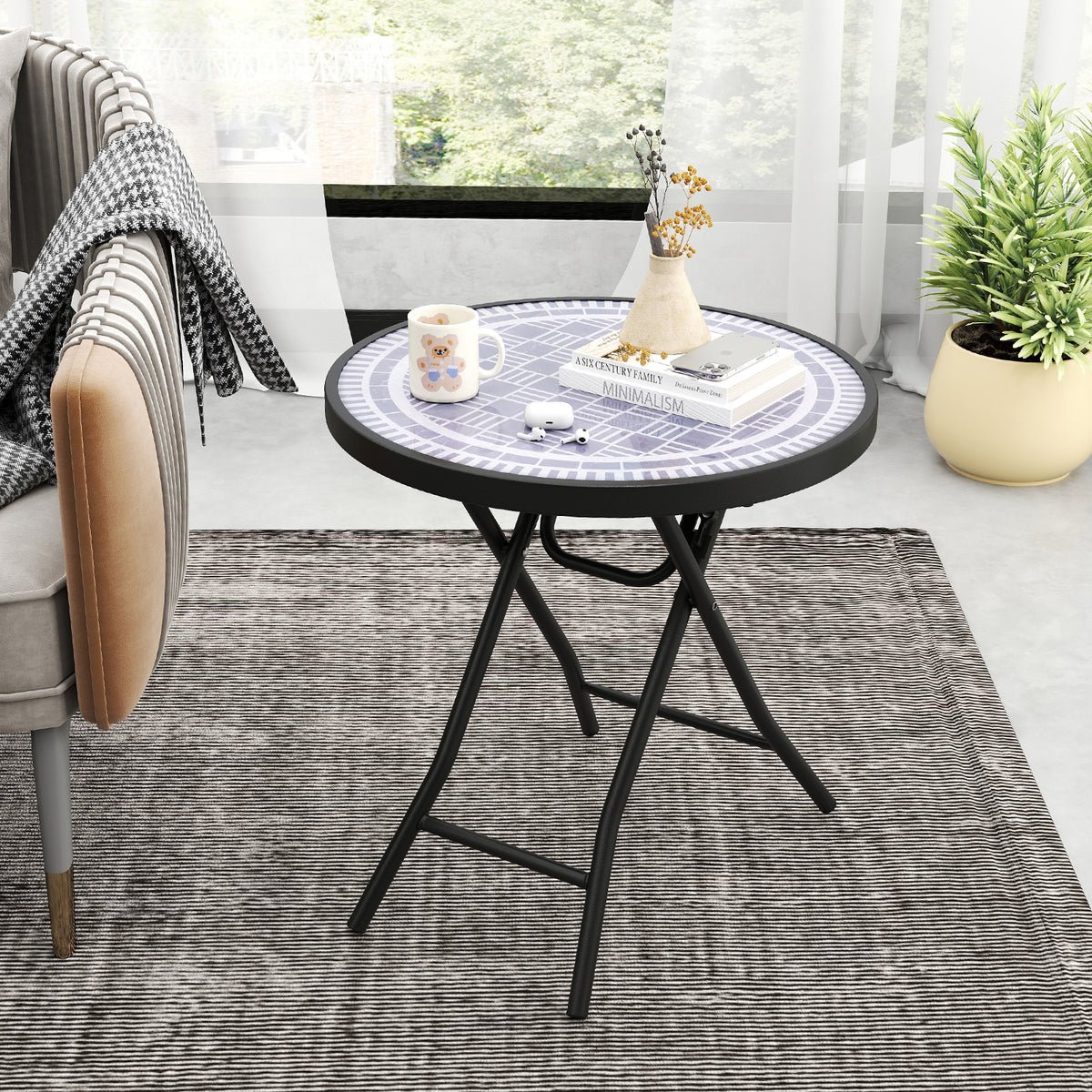 18 Inch Folding Side Table Patio Round Compact Coffee Table-Gray-End & Side Tables-DECOROLALA