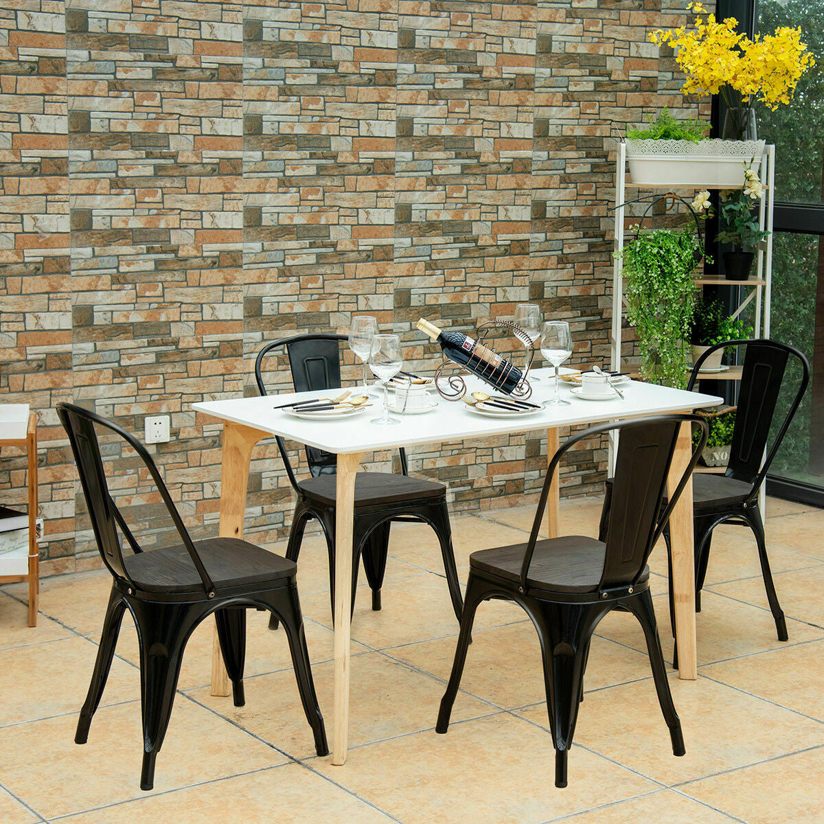 18 Inch Height Set of 4 Stackable Style Metal Wood Dining Chair-Black-Dining Chairs-DECOROLALA