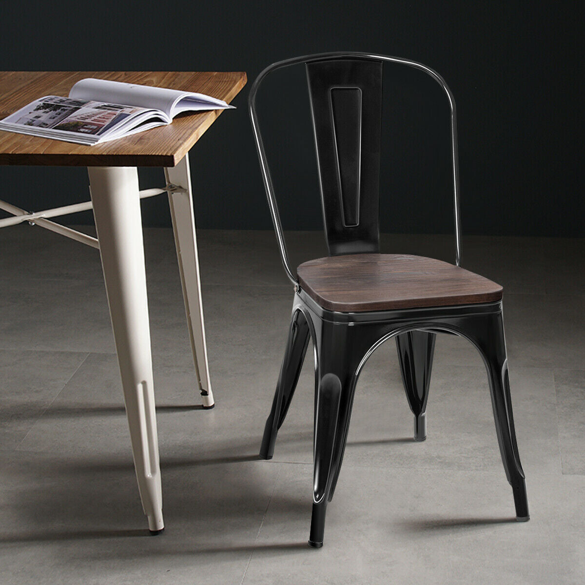 18 Inch Height Set of 4 Stackable Style Metal Wood Dining Chair-Black-Dining Chairs-DECOROLALA