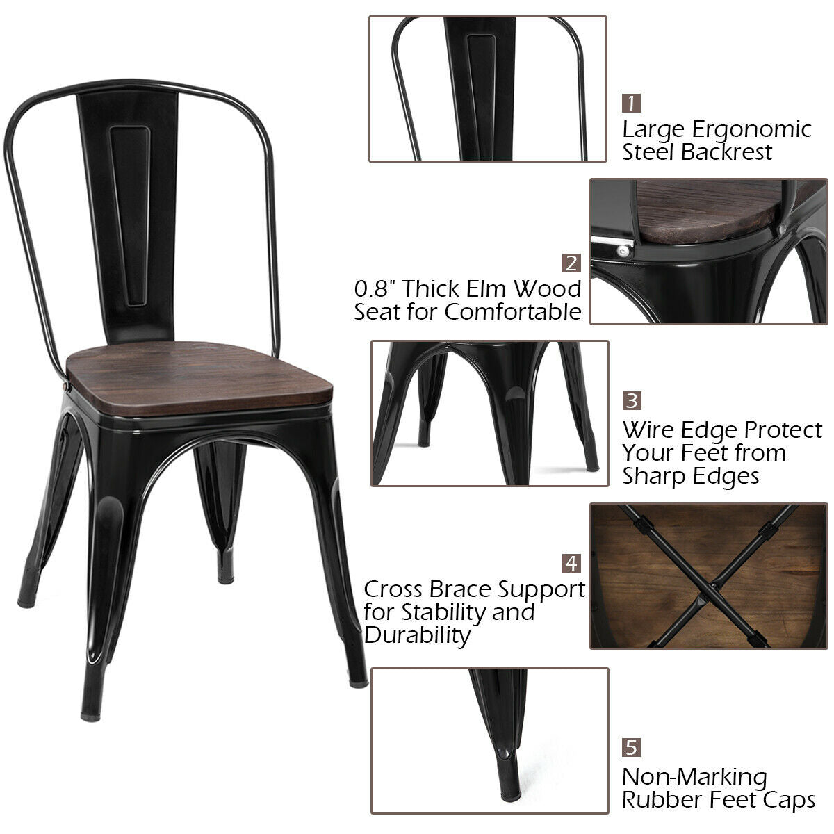 18 Inch Height Set of 4 Stackable Style Metal Wood Dining Chair-Black-Dining Chairs-DECOROLALA
