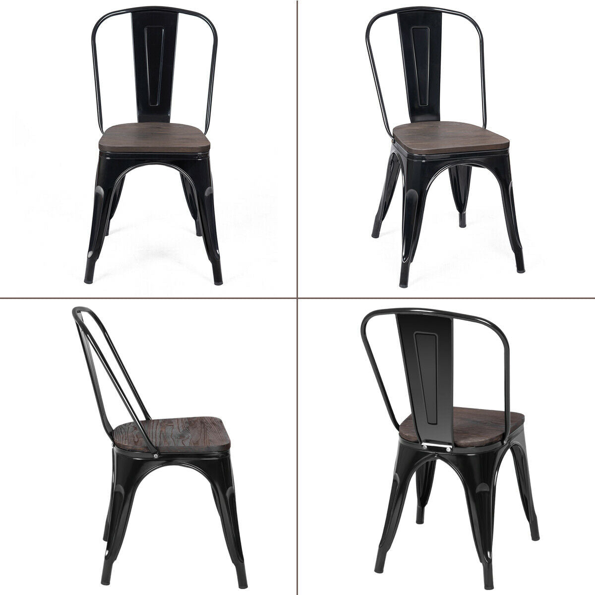 18 Inch Height Set of 4 Stackable Style Metal Wood Dining Chair-Black-Dining Chairs-DECOROLALA