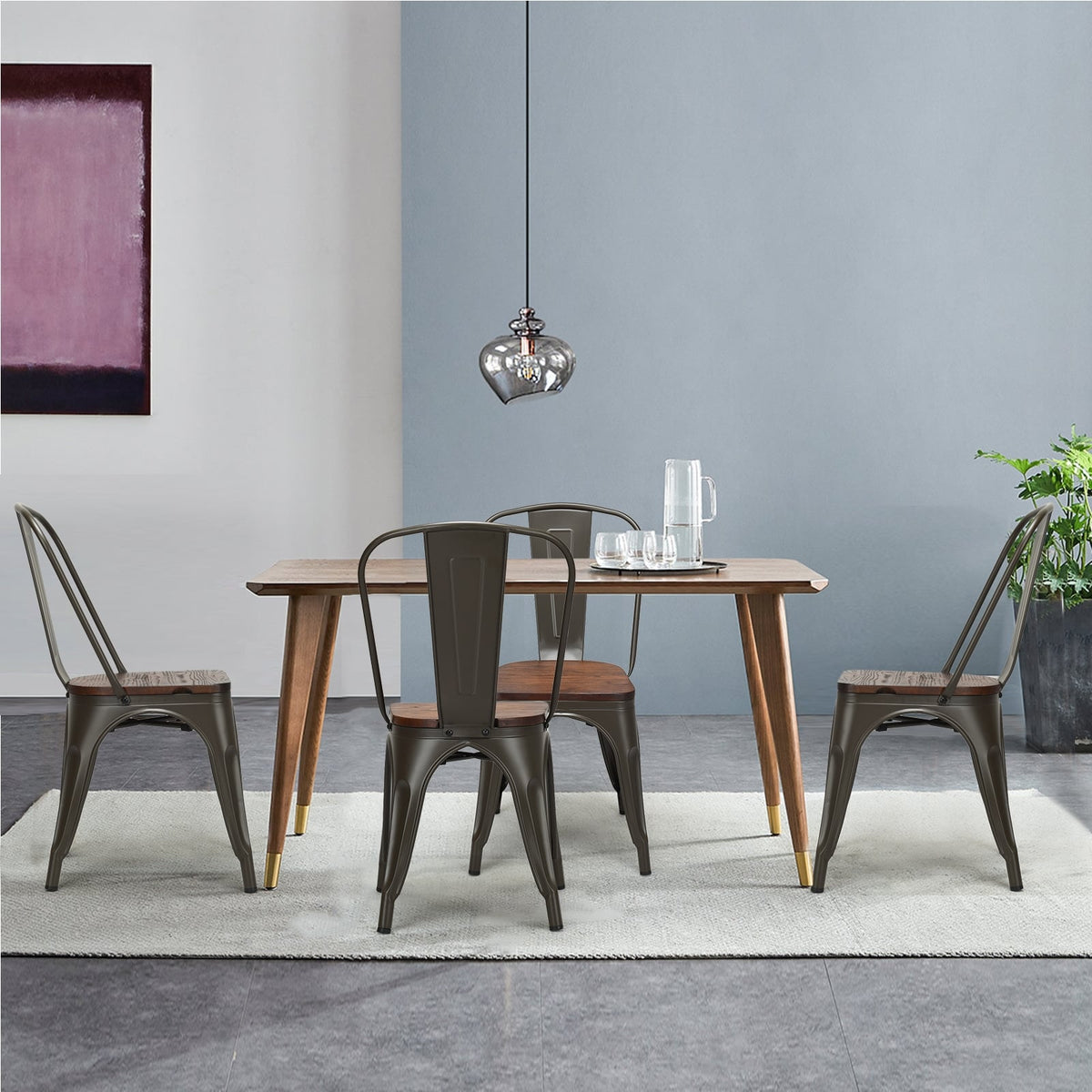 18 Inch Height Set of 4 Stackable Style Metal Wood Dining Chair-Dark Green-Dining Chairs-DECOROLALA