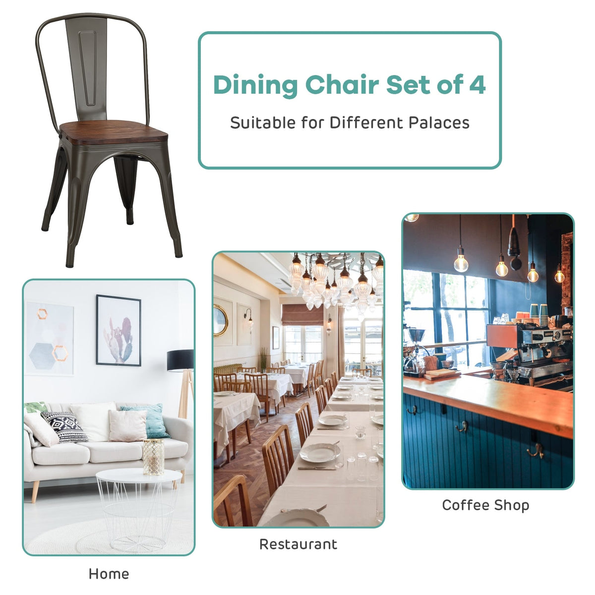 18 Inch Height Set of 4 Stackable Style Metal Wood Dining Chair-Dark Green-Dining Chairs-DECOROLALA